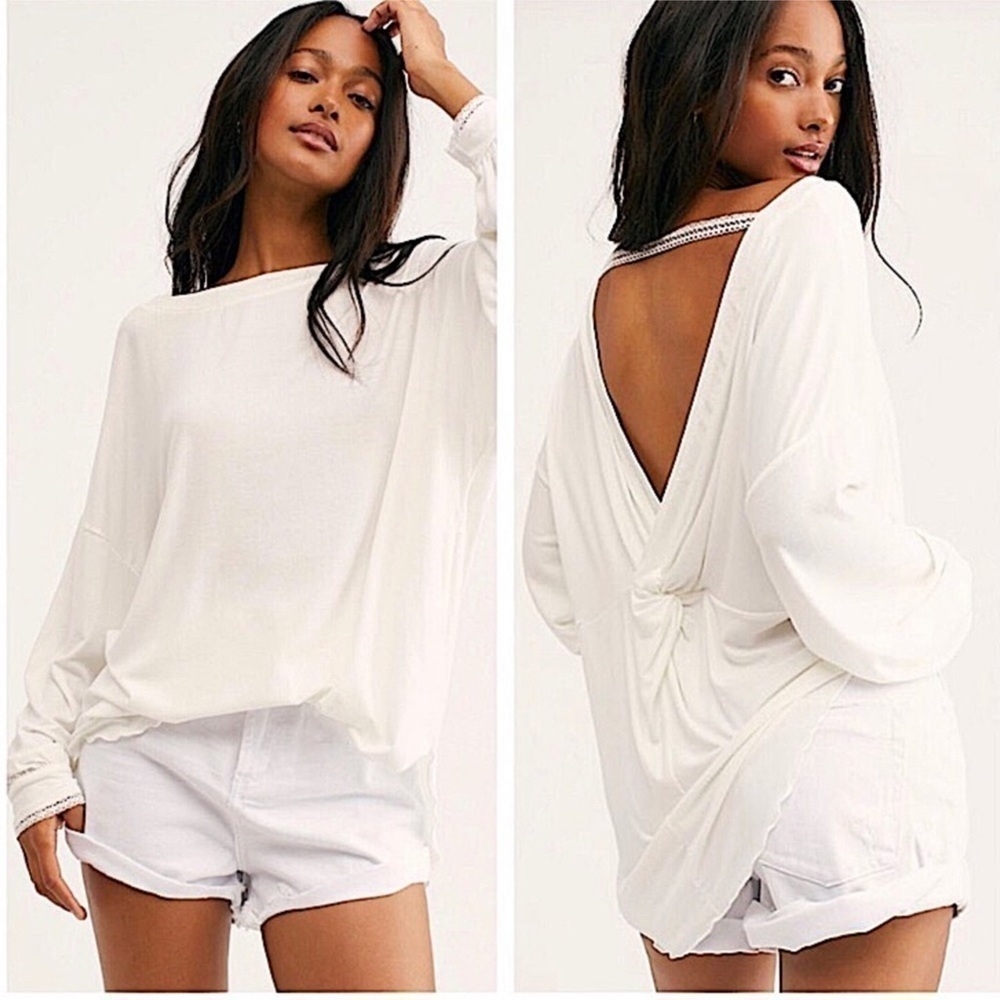 Free People Shimmy Shake Alpine Ivory Long Sleeve Open Back Top Size Medium Wmn